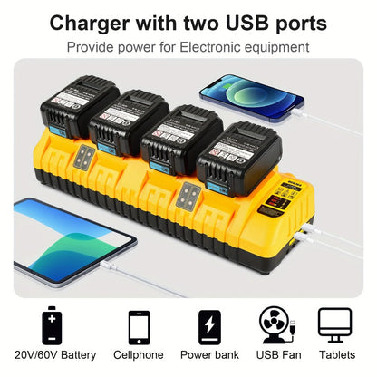 Four-Port Battery Charging Station Compatible with Select DeWalt 12V/20V Batteries, Two USB Ports and US Plug