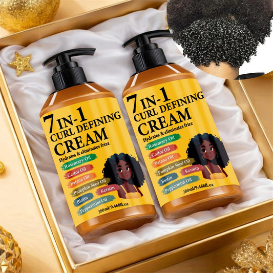 Curl Defining Cream 7-in-1 Frizz Control 2pcs Set 9.468fl oz — Long-Lasting Hold Moisturizing Non-Greasy Hair Styling Cream for Wavy Curly Normal Hair Bouncy Defined Curls Unisex Adults Women