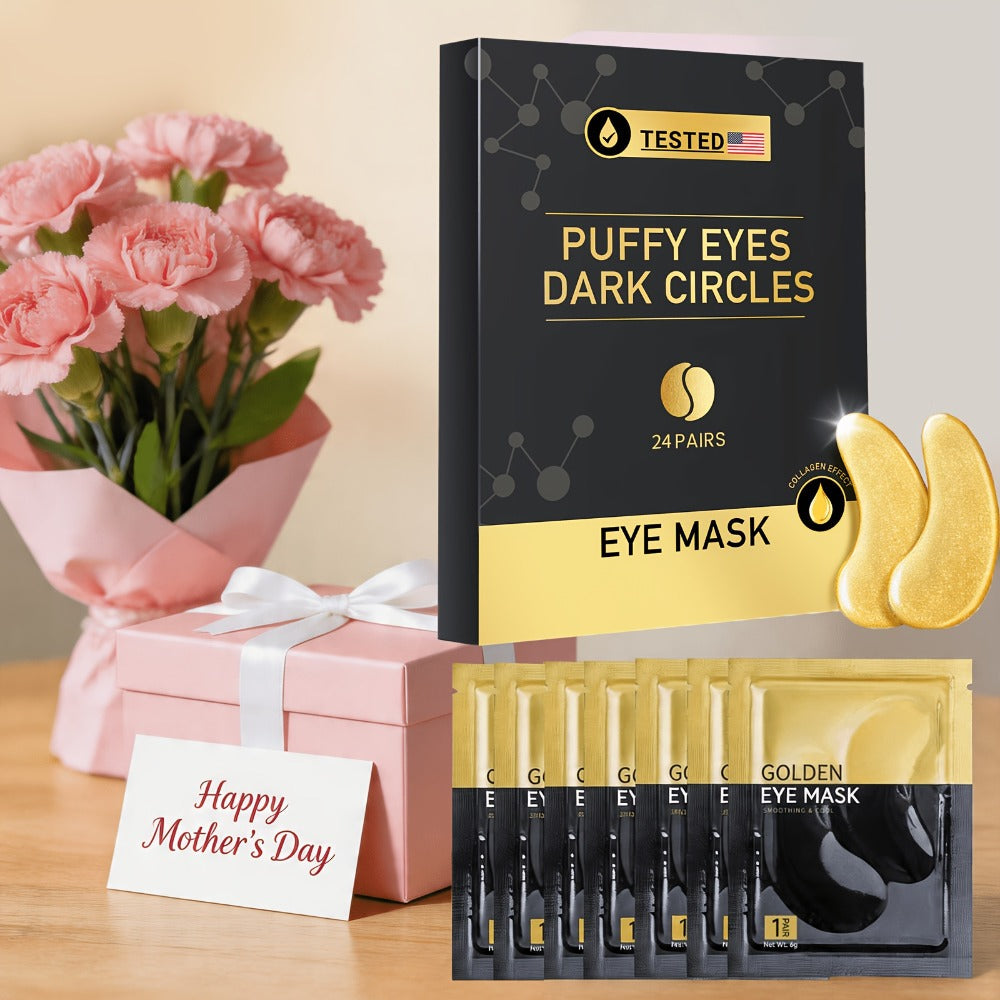 24-Pair Gold-Tone Under-Eye Patch Box with Individual Pouches and Collagen, Glycerin and Hyaluronic Acid Wording