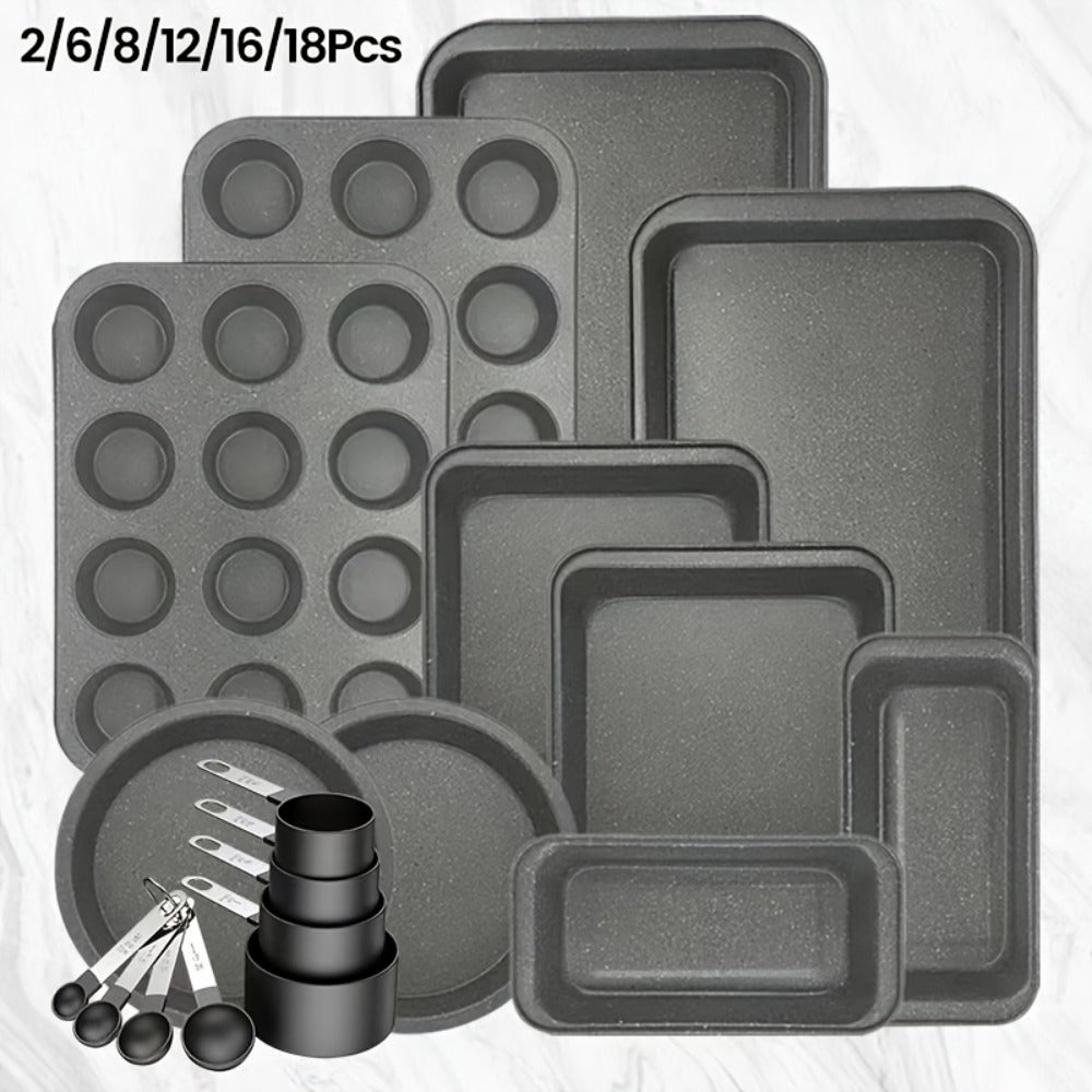 Mixed-Color Bakeware Set with 2–18 Pieces, Cake and Muffin Pans, Trays, Racks and Tools Pictured