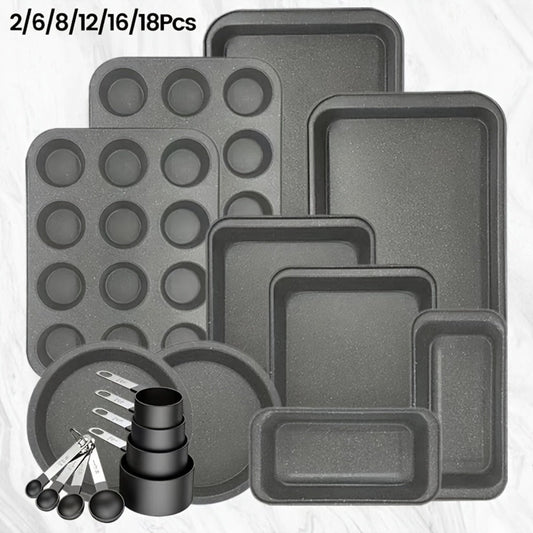 Nonstick Baking Pan Set 2 to 18pcs Carbon Steel Round Square Cake Pan Muffin Pan Bread Pan Cookie Sheet Pizza Pan Wire Rack Whisk Spatula Measuring Spoon Complete Bakeware Set