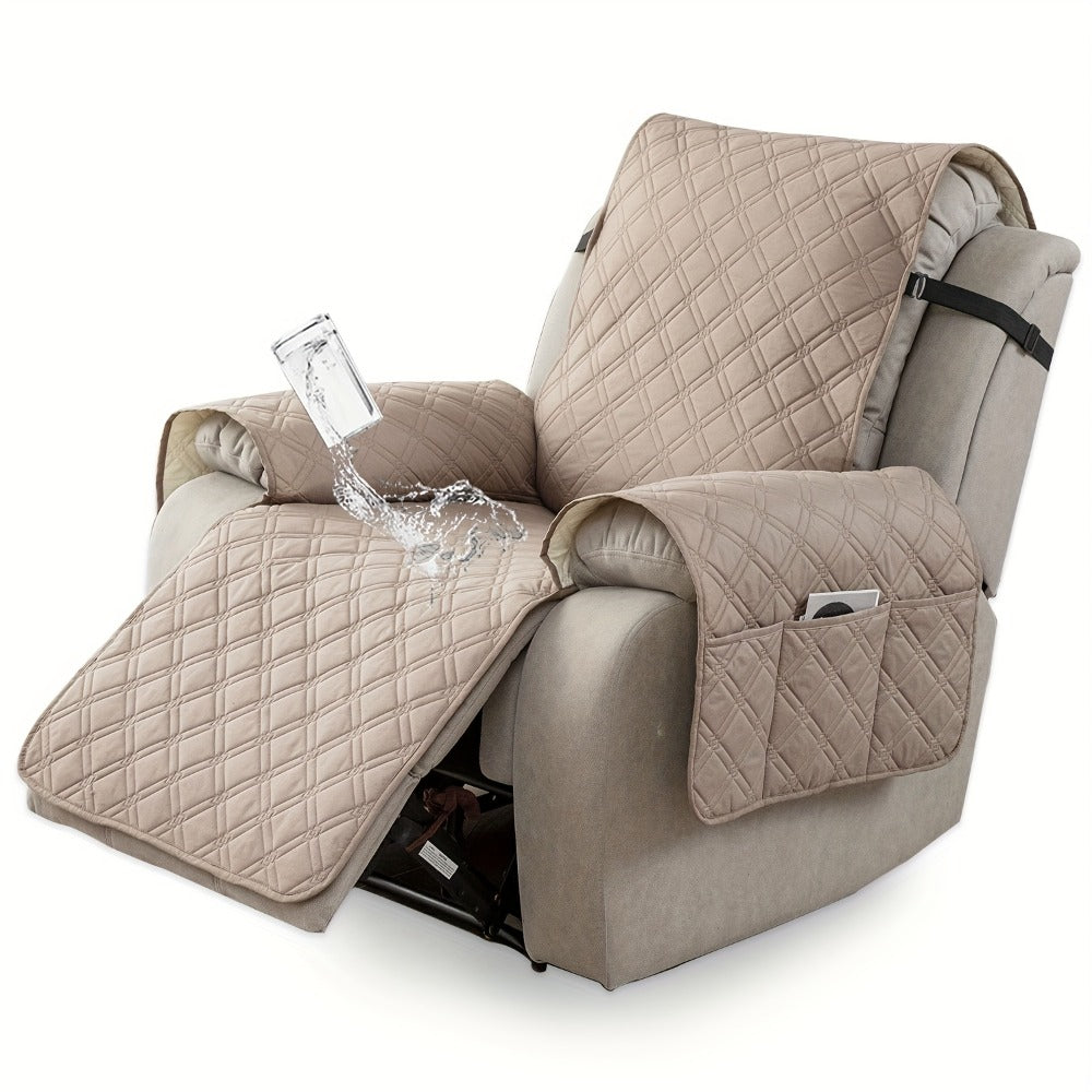 Quilted One-Piece Recliner Chair Cover with Side Pockets, Back Buckle Strap and 11 Color Options