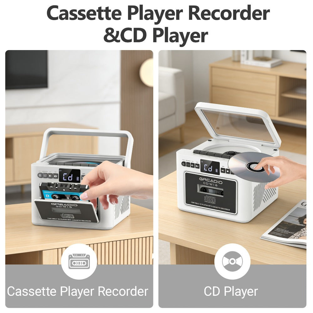 Portable CD and Cassette Player with FM Radio, Tape Recording, AUX, SD, USB and 3.5 mm Audio Connections