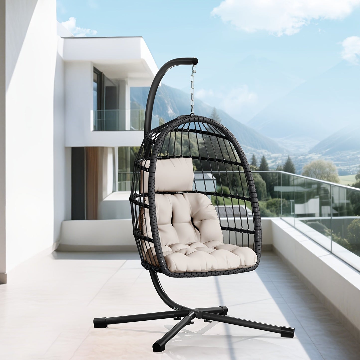 Rattan Wicker Hanging Egg Chair with Stand, Aluminum Frame and 11 Cushion and Size Options
