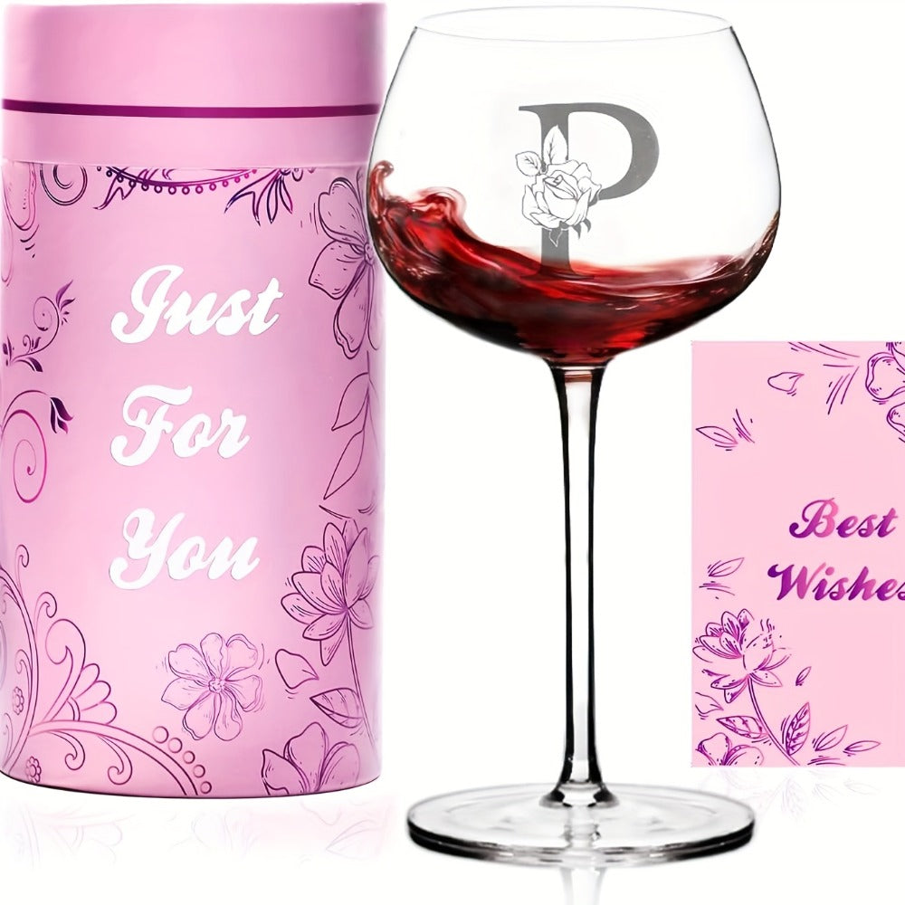 Initial Wine Glass Gift Set with 18 Checkout Letters, 14-Ounce Bowl, Presentation Box and Card