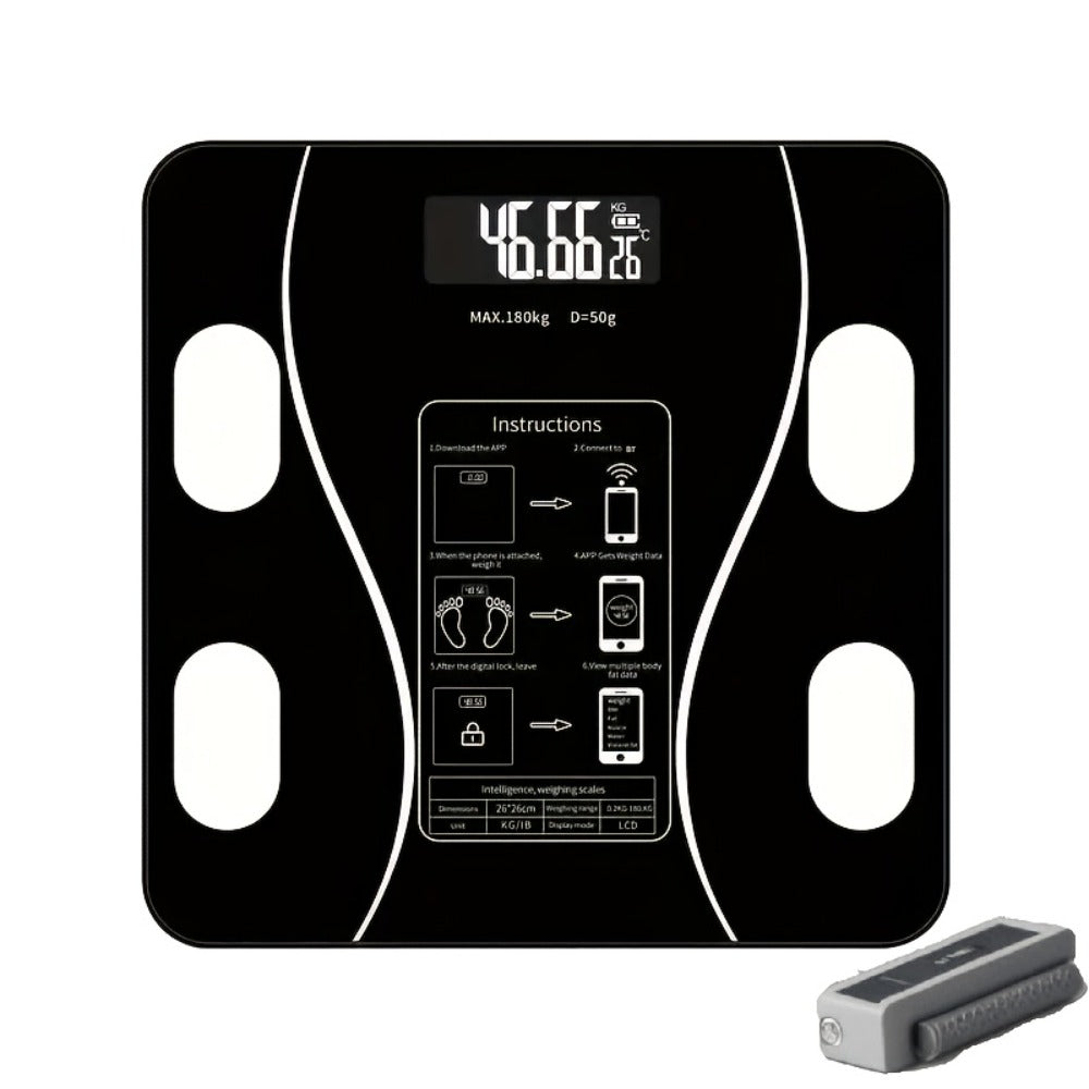 Black Glass Digital Bathroom Scale with Four Electrode Pads, Blue Display and Four Style Options