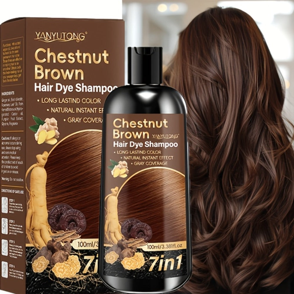 7-in-1 Gray Hair Coverage Color Shampoo with Ginger Oil Biotin & Rosemary — Gentle Scalp-Safe Formula, No Ammonia, Long-Lasting Color, 3 Shades Brown Chestnut Brown Black, Men & Women
