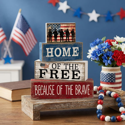 Home of the Free Patriotic Wooden Block Sign with Four-Tier Red, White and Blue Tabletop Design