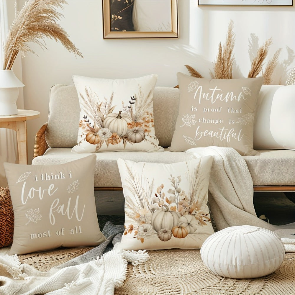 Autumn Pumpkin Throw Pillow Covers, Set of Four 18 x 18-Inch Polyester Cases with Hidden Zippers