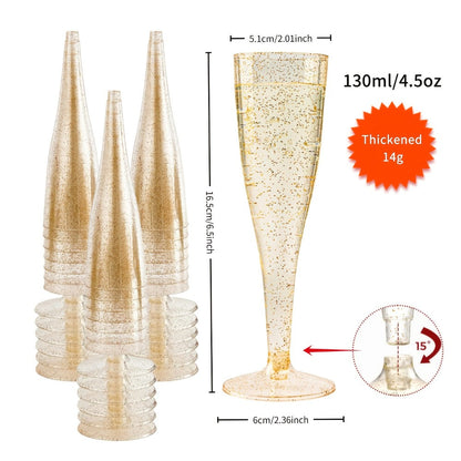 Plastic Champagne Flutes Bulk 25 50 Pack Disposable Reusable Golden Glitter Champagne Glasses Stackable Food-Grade PS Party Cups for Wedding Birthday New Year Picnic Brunch Events