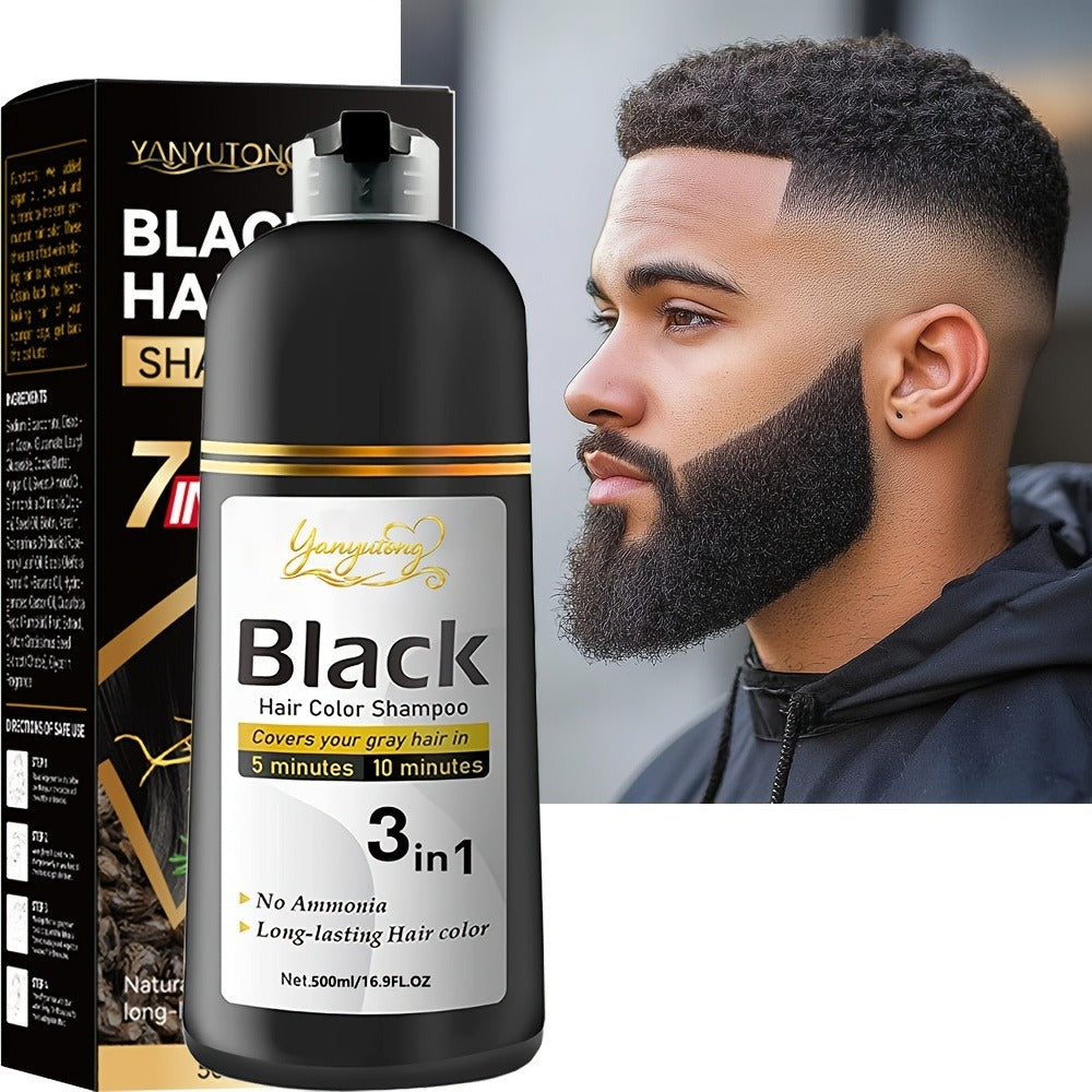Black Hair Dye Shampoo for Men & Women 500ml — Natural Plant Pigments, Fast Gray Coverage for Hair & Beard, Gentle Scalp-Safe Formula, No Mix No Ammonia, Long-Lasting Color, 16.9 fl oz
