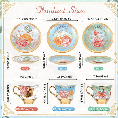 Twelve-Piece Floral Tea Cup and Saucer Set with Six 5.4-Ounce Cups and Six Matching Saucers