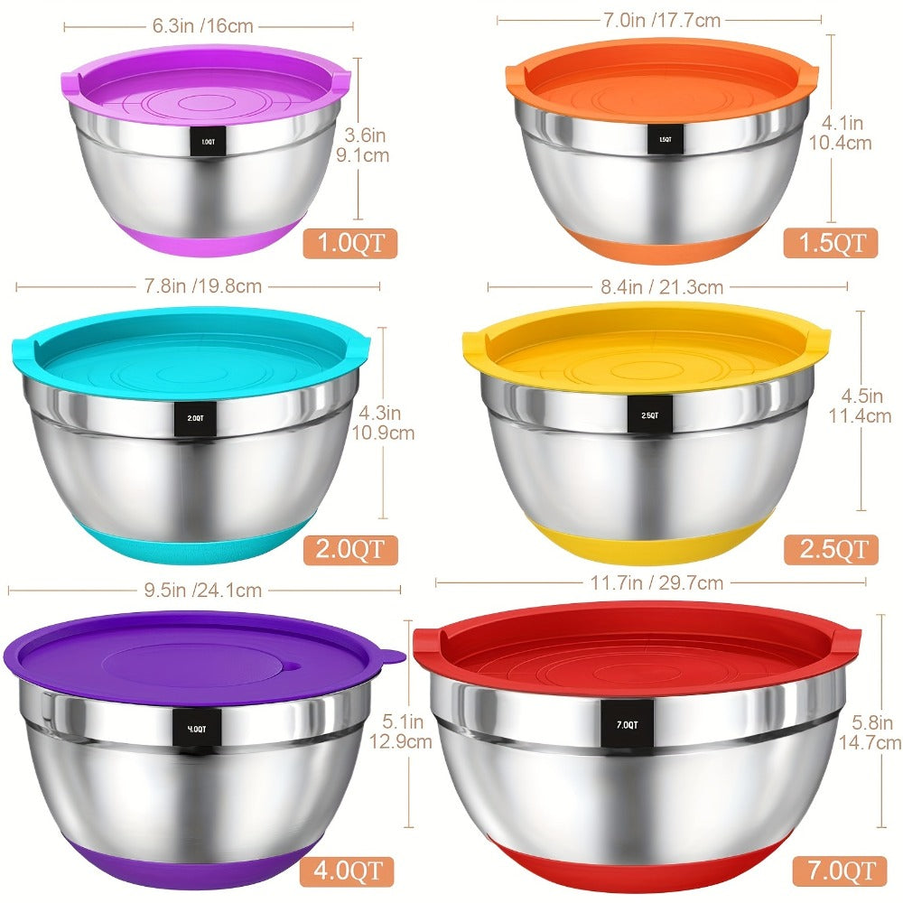 Mixing Bowls Set with Airtight Lids, 26pcs Stainless Steel Bowl Set with 3 Grater Attachments, Bottoms