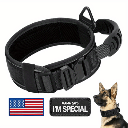 Wide Tactical Dog Collar with Padded Grab Handle, Reflective Stitching, Two Patches and M–XL Sizing