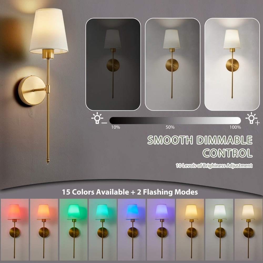 Rechargeable Two-Piece Wall Sconce Set with Fabric Shades, 15-Color RGB Bulbs and Remote in Gold or Black