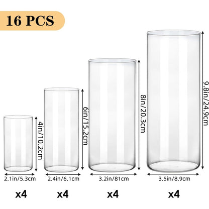 Clear Glass Cylinder Vases Set of 16 – 4 6 8 10 Inch Tall Glass Vases for Centerpieces, Floating Candle Holders, Wedding Table Decor, Party & Home Decoration