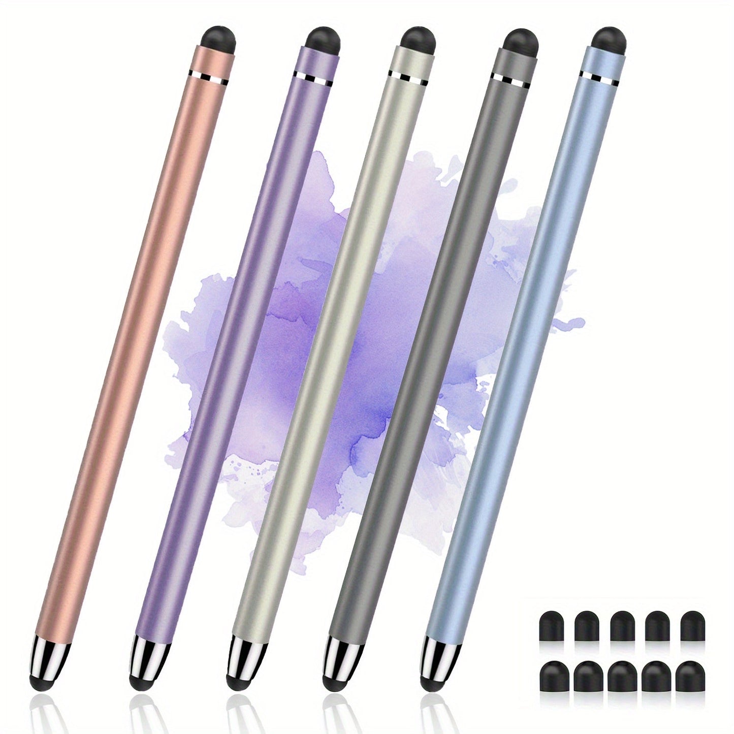 5-Piece Dual-Tip Stylus Pen Set with Metal Bodies, Two Rubber Tip Sizes and 10 Replacement Tips