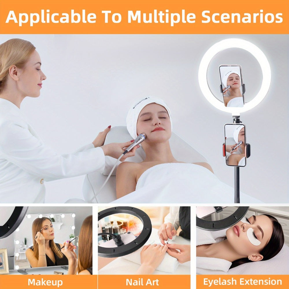 10- or 12-Inch USB Ring Light with Retractable Floor Tripod, Center Phone Holder and Lighting Options