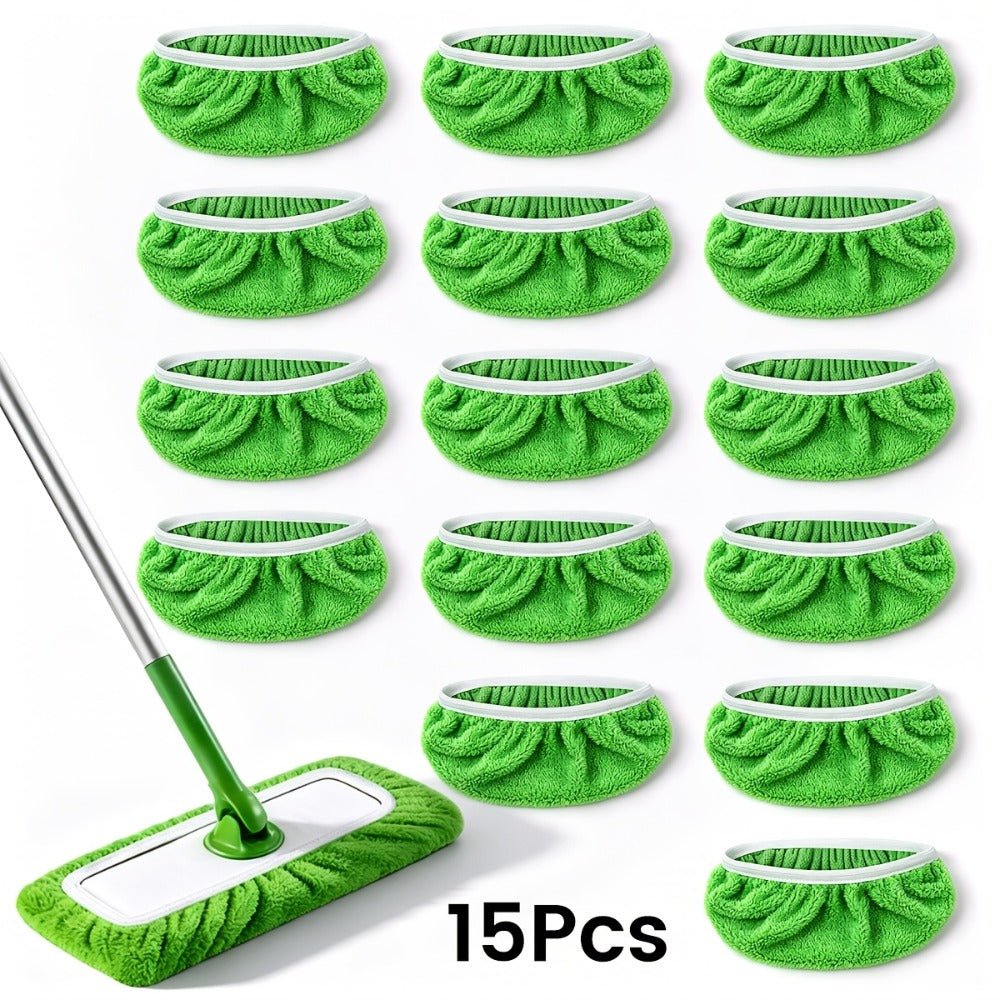 Fifteen-Piece Green Microfiber Mop Pad Set with Reusable Stretch-Cover Design for Flat Mop Heads
