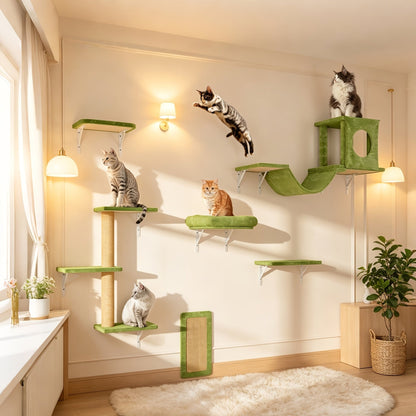 Cat Wall Shelf Climbing Set – 7-Piece Deluxe Wall Mounted Cat Furniture with Condo, Scratching Post, Bridge, Ladder & Tunnel for All Cat Sizes