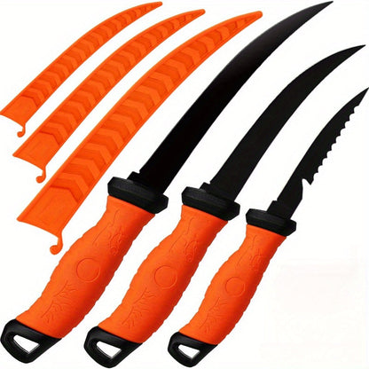 Three-Piece Stainless Steel Fishing Knife Set with 4.5 to 6.5 Inch Green-Handled Fillet Blades
