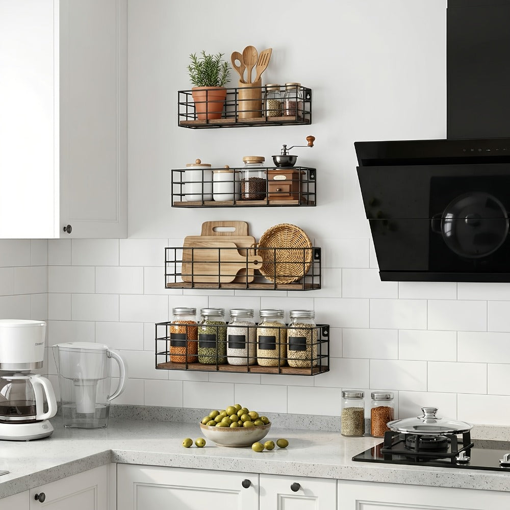 Wire Basket Wall Shelf Set with Wood-Look Bases and Four-Piece or Six-Piece Size Assortments