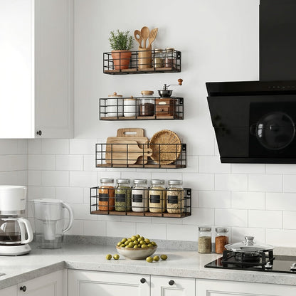 Wire Basket Wall Shelf Set with Wood-Look Bases and Four-Piece or Six-Piece Size Assortments