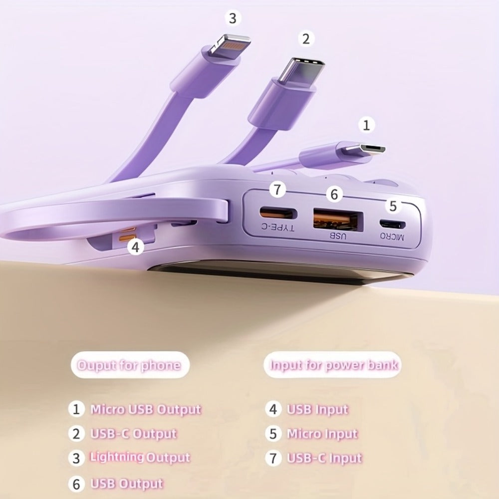 Power Bank 10000mAh with Three Built-In Cables, 5W/15W/22.5W Options, Digital Display and Lanyard