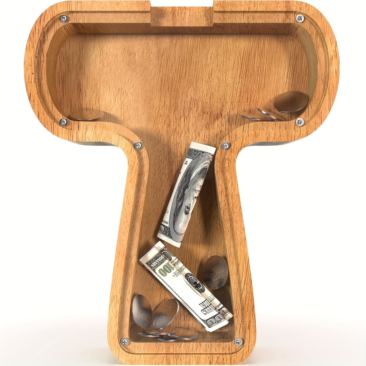 Wooden Alphabet Letter Coin Bank with Clear Front Panel and 23 Fixed Initial Options for Display
