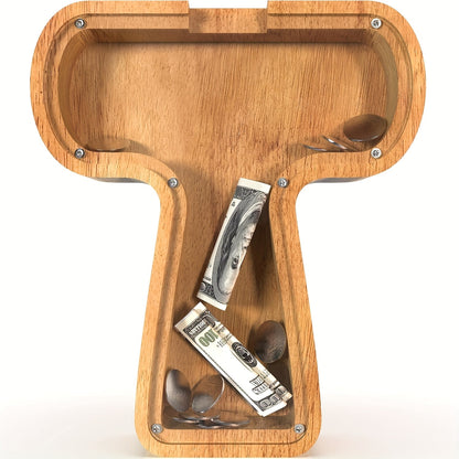 Wooden Alphabet Letter Coin Bank with Clear Front Panel and 23 Fixed Initial Options for Display