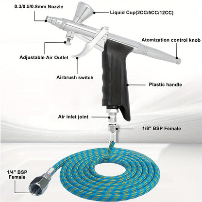 Double-Action Trigger Airbrush Kit with 0.3, 0.5 and 0.8 mm Nozzles, Three Cups and Pictured 6 ft Hose