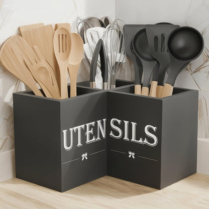 Kitchen Utensil Holder with 3 Compartments Extra Large Wooden Countertop Organizer | Farmhouse Black Kitchen Storage for Spatulas Whisks Spoons | Rustic Wood Utensil Caddy for Kitchen Organization
