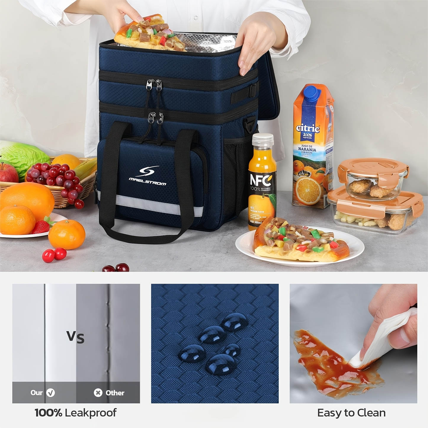 Insulated Lunch Bag for Women Men – Triple Compartment Leakproof Lunch Box with Shoulder Strap, Food-Grade PEVA Lining & 5mm Foam Insulation for Work School