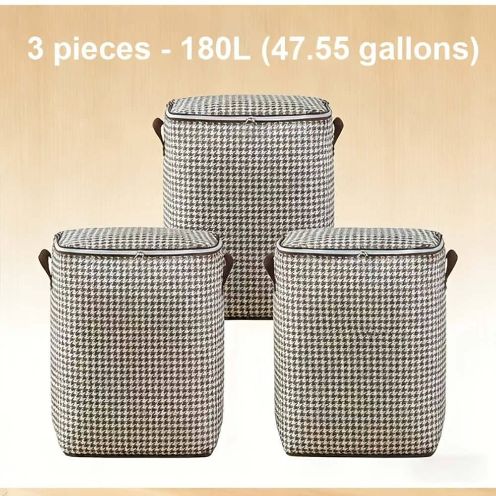Large 160 L Houndstooth Fabric Storage Bag with Double Zippers, Carry Handles and Foldable Square Shape