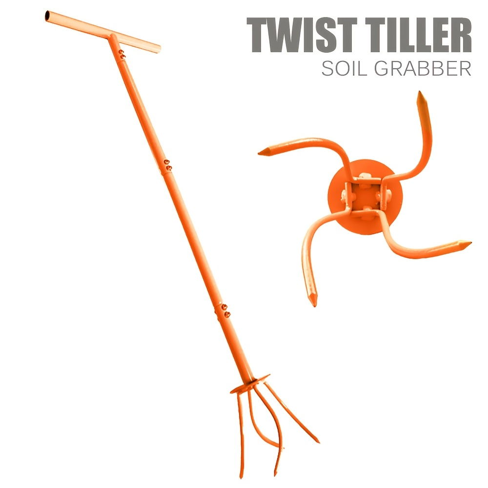 Manual Twist Tiller with Four Curved Soil Claws, Three-Section T-Handle and Yellow or Orange Options