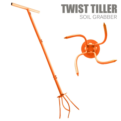 Manual Twist Tiller with Four Curved Soil Claws, Three-Section T-Handle and Yellow or Orange Options