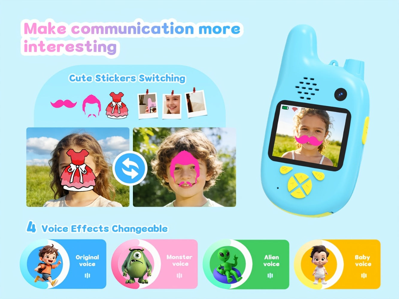 Kids Video Walkie Talkies 2 Pack with Video Call, Voice Changer & Dual Camera – Long Range Outdoor Toy, Birthday Gift for Boys Girls Age 4+, Indoor Camping Hiking Play