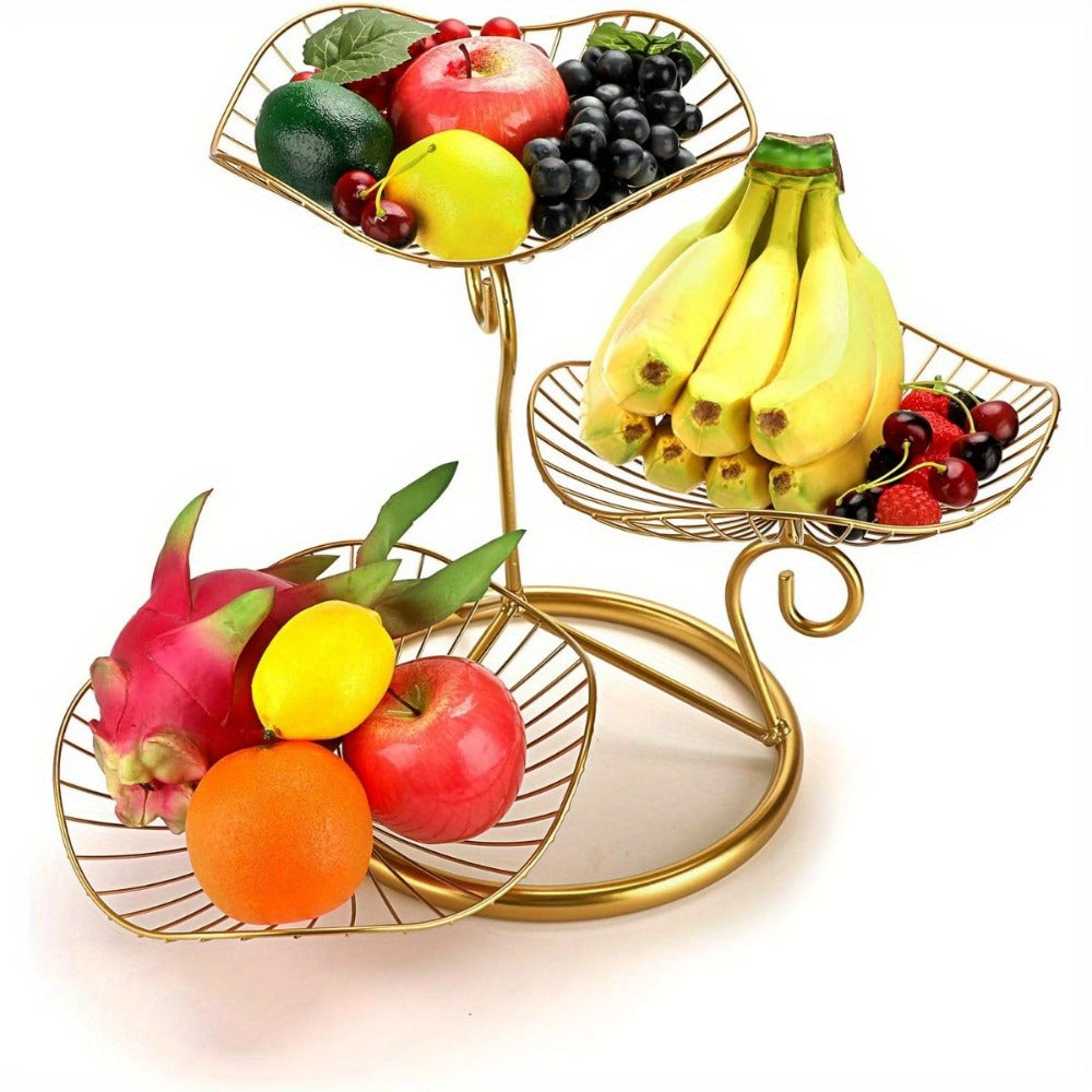 Three-Tier Golden Metal Wire Fruit Basket Stand with Lotus-Leaf Bowls, 46.5 cm Wide Countertop Design