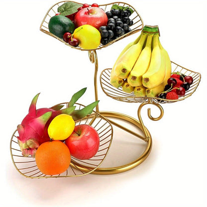 Three-Tier Golden Metal Wire Fruit Basket Stand with Lotus-Leaf Bowls, 46.5 cm Wide Countertop Design