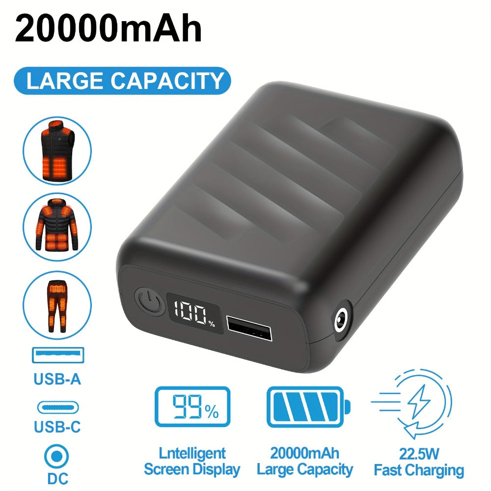 Power Bank 20000mAh Dual-Voltage 5V/7.4V with 22.5W, USB-A, USB-C, DC and LED Display for Heated Clothing