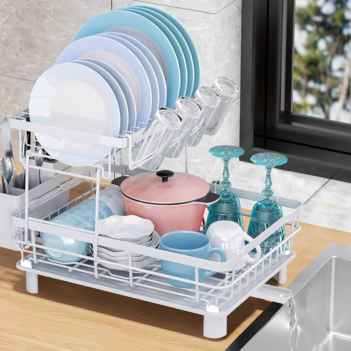 Dish Drying Rack Kitchen Organizer with Two Tiers, Drain Board, Utensil Cup and Three Color Options
