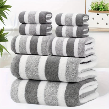 Towel Set 8 Piece Two-Color Striped - Super Absorbent Soft No Hair Loss Bath Towel Combo | 2 Bath Towels 2 Face Towels 4 Hand Towels | Grey Red Blue Green | Bathroom Family Hotel Spa Gift Set