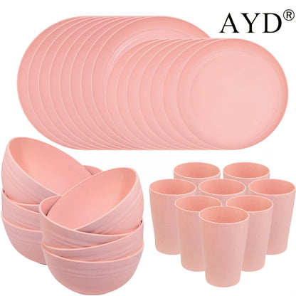 Wheat Straw Dinnerware Set 16 or 32 Piece – Plates & Bowls for 4 or 8 People, Microwave & Dishwasher Safe Plastic Dish Set, Lightweight Colorful Tableware for Home, Party & Holiday