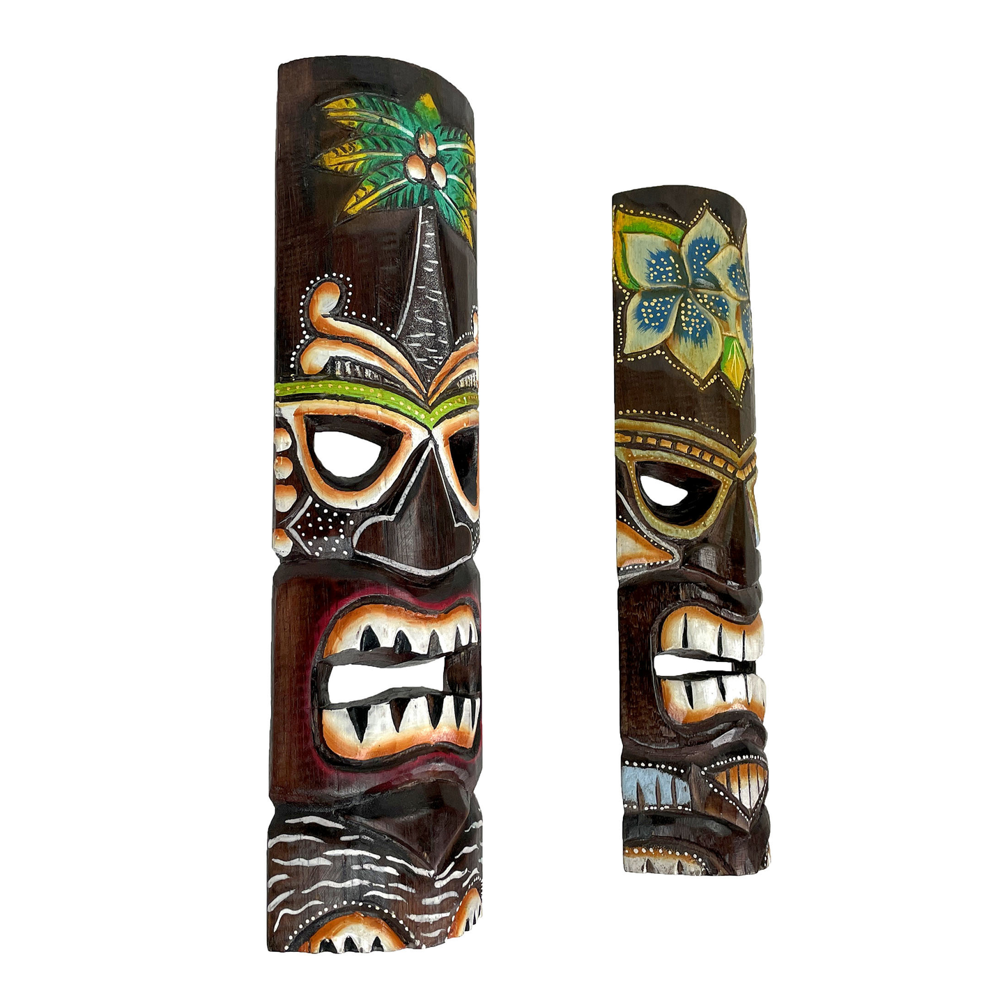 Two-Piece Multicolored Tropical Wall Mask Set with Pictured Palm and Flower Motifs and Carved-Look Details