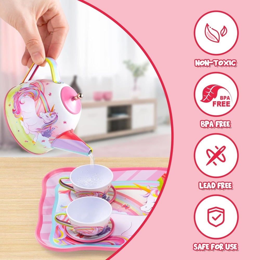 Pink Unicorn Tin Tea Set in Carry Case with Teapot, Four Cups, Four Saucers and Five Plates