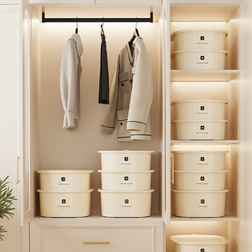 Three-Piece Beige Drawer Organizer Bin Set with Lidded Dividers for Underwear, Socks and Small Accessories
