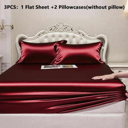 Satin-Style Fitted Sheet Set with Pillowcases in Eight Colors and Twin, Full, Queen or King Sizes