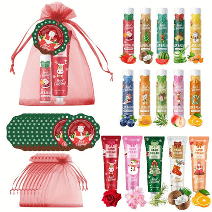 Bulk Gift Set 120 Pieces Lip Balm & Hand Cream with Red Velvet Bags & Holiday Cards — Moisturizing Party Favors for Colleagues, Employees & Friends