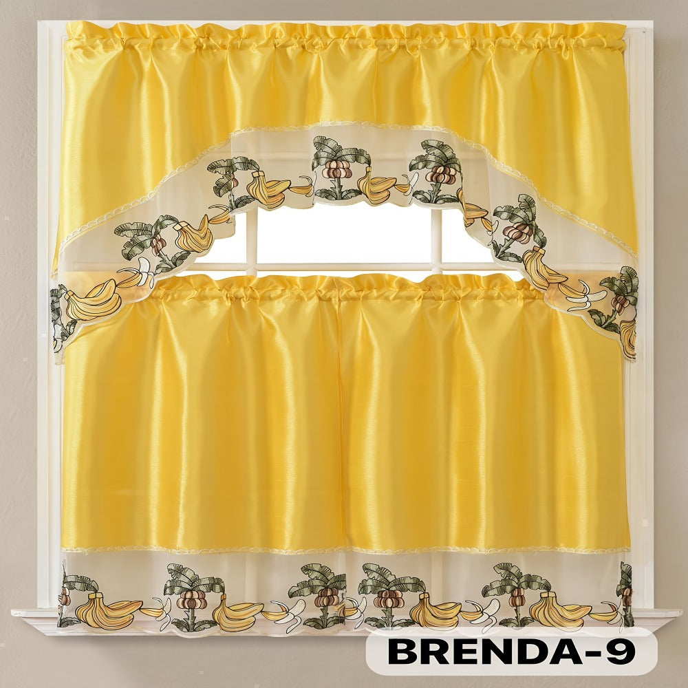 Three-Piece Patterned Kitchen Curtain Set with One Valance, Two Tiers and Forty-Six Exact Design Options