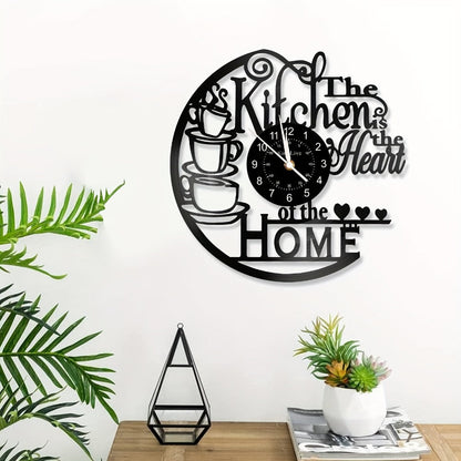Coffee-Themed Vinyl Record Wall Clock with Cutout Lettering and Standard or LED Light Configuration